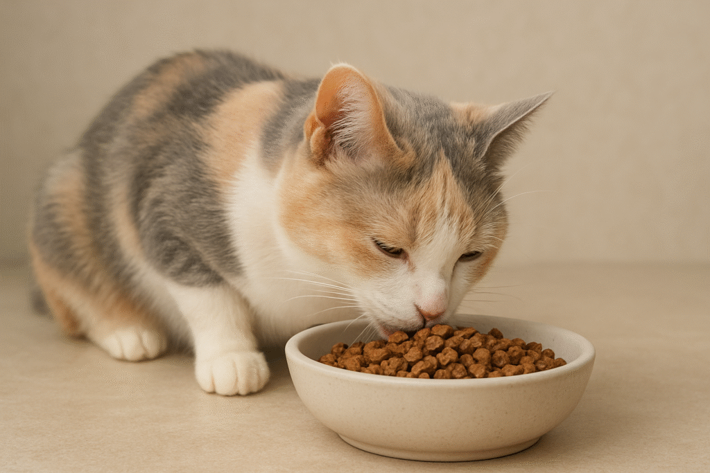 Dilute calico cat eats dry cat food out of a dish. 